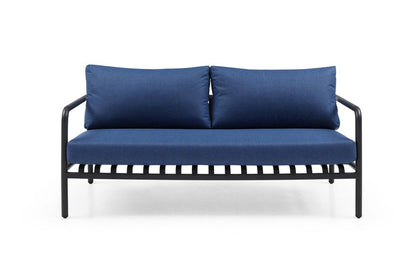 Four Piece Dark Gray and Blue Metal Upholstered Cushions Sofa Seating Group With Table
