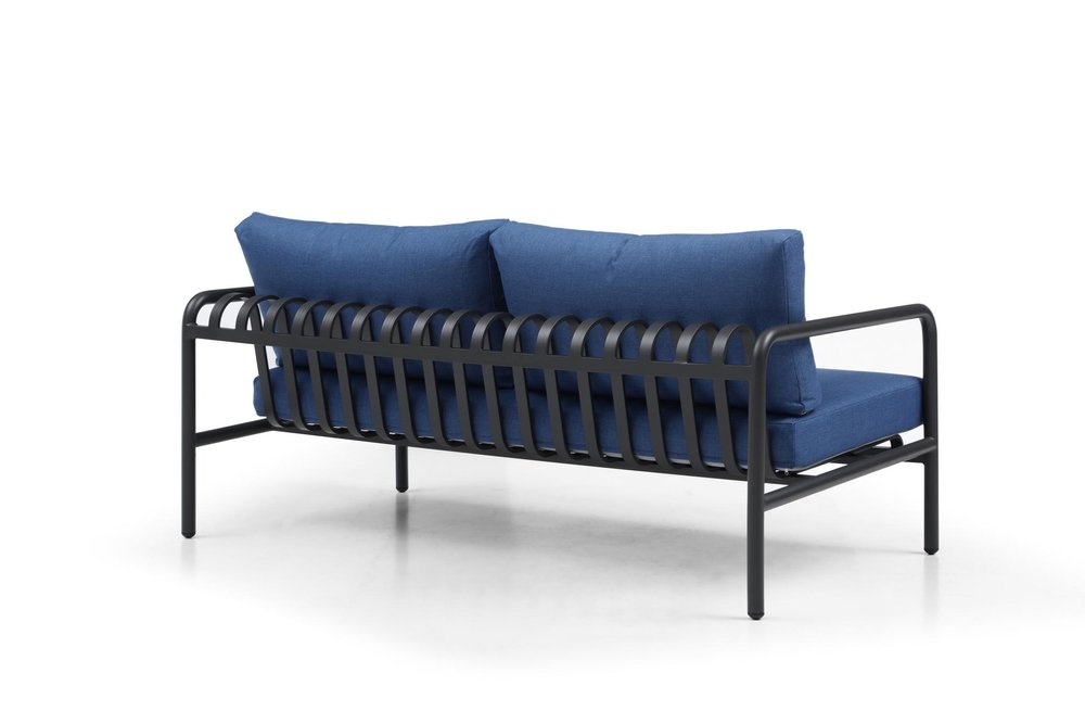 Four Piece Dark Gray and Blue Metal Upholstered Cushions Sofa Seating Group With Table — view 3