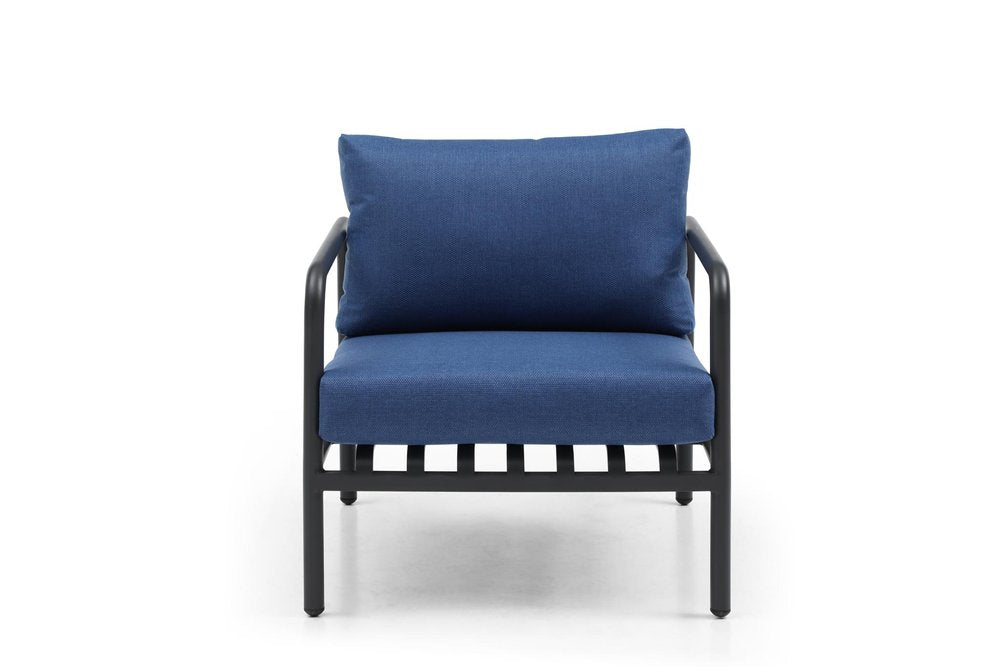 Four Piece Dark Gray and Blue Metal Upholstered Cushions Sofa Seating Group With Table — view 5