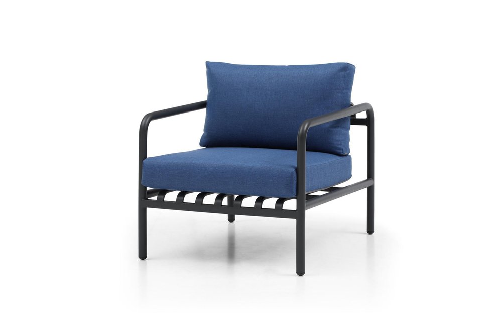 Four Piece Dark Gray and Blue Metal Upholstered Cushions Sofa Seating Group With Table — view 6