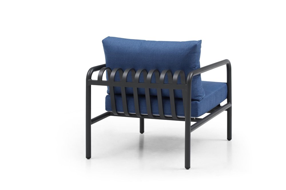 Four Piece Dark Gray and Blue Metal Upholstered Cushions Sofa Seating Group With Table — view 7