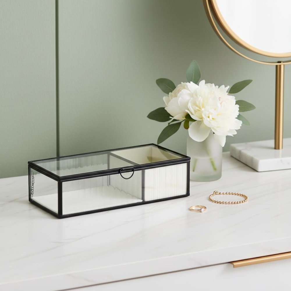 10" Black Glass Two Section Jewelry Box With Metal Accents HomeRoots