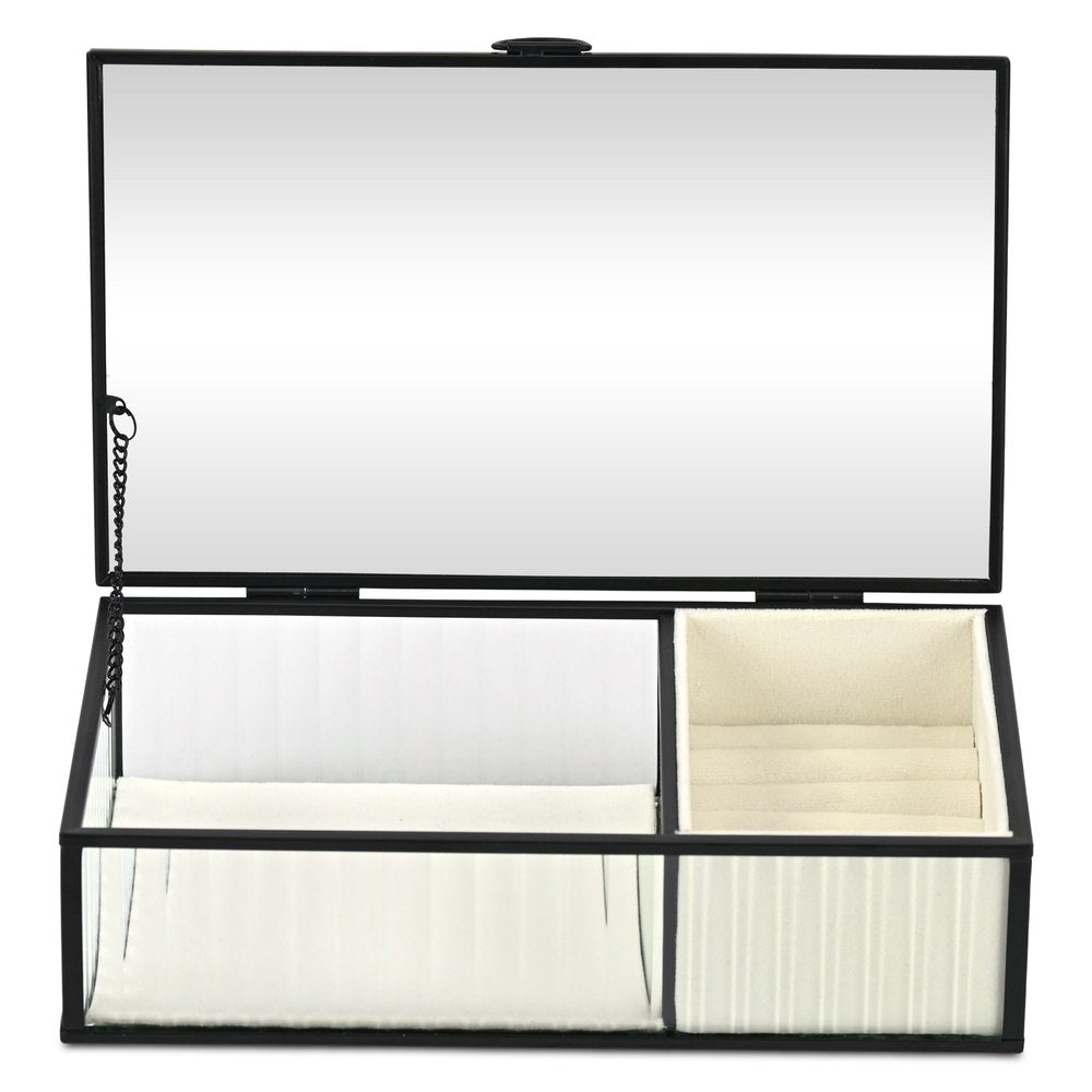 10" Black Glass Two Section Jewelry Box With Metal Accents HomeRoots