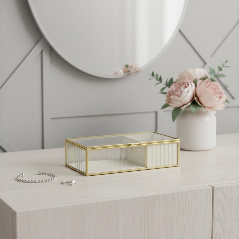 10" Gold Glass Two Section Jewelry Box With Metal Accents HomeRoots