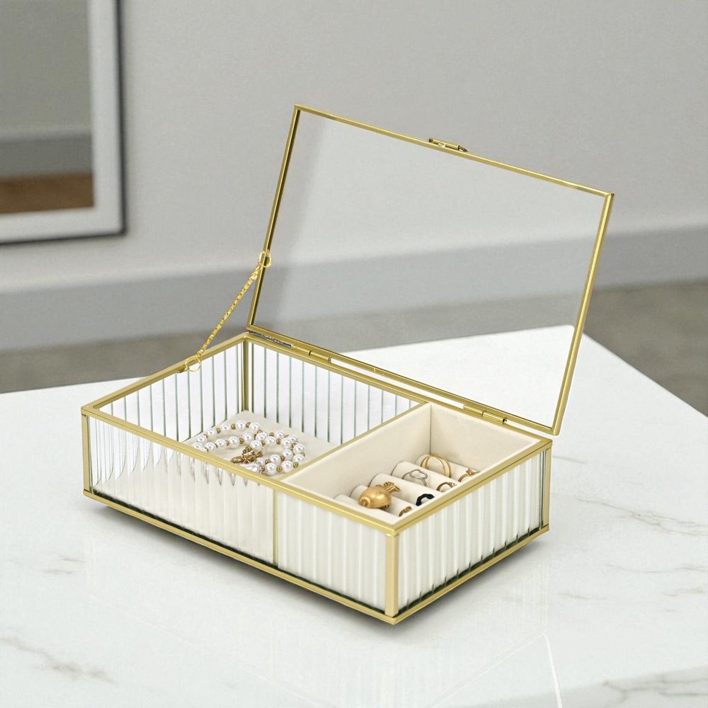 10" Gold Glass Two Section Jewelry Box With Metal Accents HomeRoots