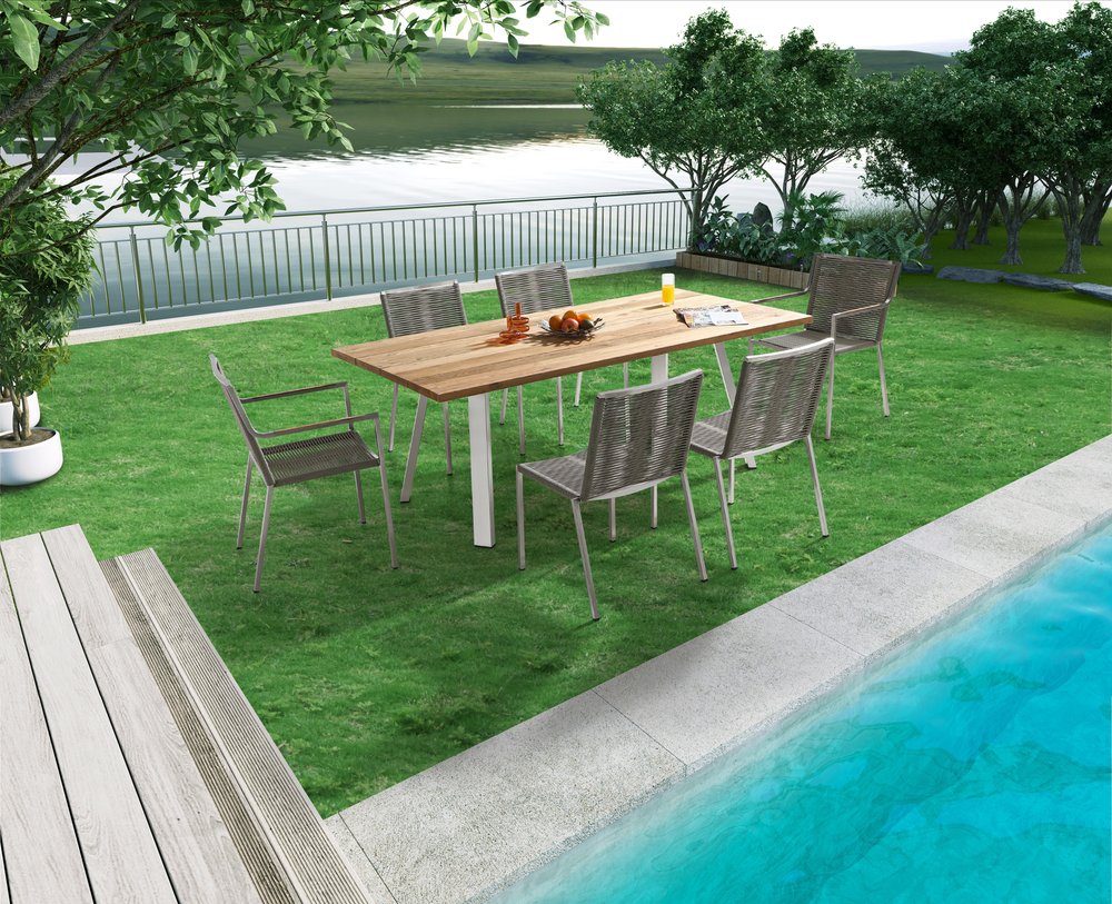79" Natural and Silver Solid Wood and Stainless Steel Outdoor Dining Table HomeRoots