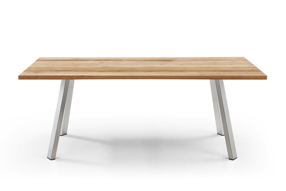 79" Natural and Silver Solid Wood and Stainless Steel Outdoor Dining Table HomeRoots