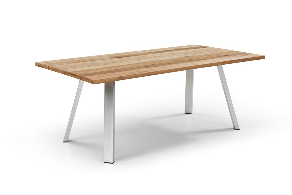79" Natural and Silver Solid Wood and Stainless Steel Outdoor Dining Table HomeRoots