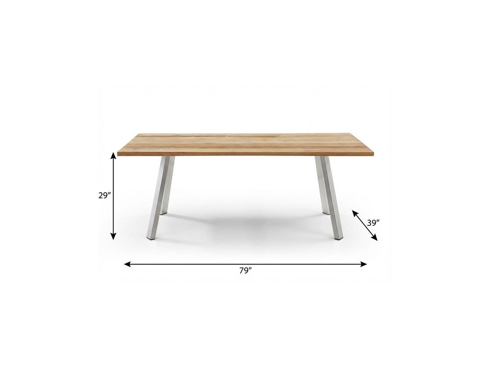 79" Natural and Silver Solid Wood and Stainless Steel Outdoor Dining Table HomeRoots