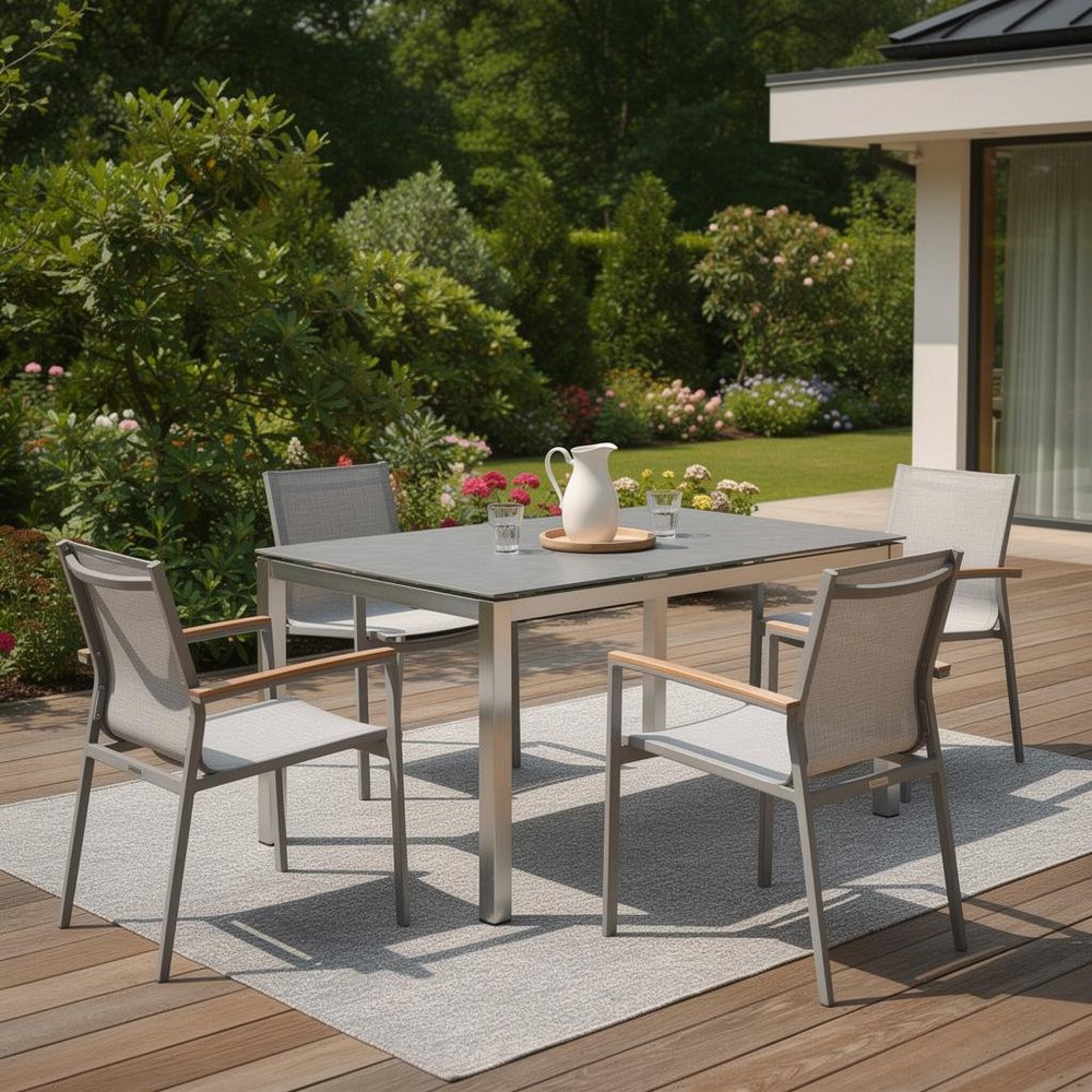 63" Dark Gray and Silver Ceramic Glass and Stainless Steel Outdoor Dining Table HomeRoots