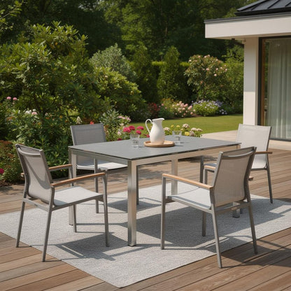 63" Dark Gray and Silver Ceramic Glass and Stainless Steel Outdoor Dining Table HomeRoots