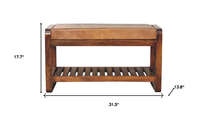 32" Tan And Brown Genuine Leather And Solid Wood Upholstered Storage Bench With Shelves