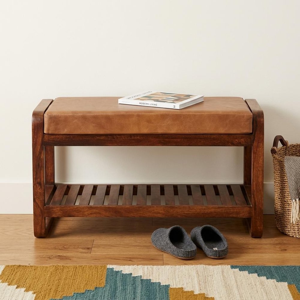 32" Tan And Brown Genuine Leather And Solid Wood Storage Bench With Shelf HomeRoots