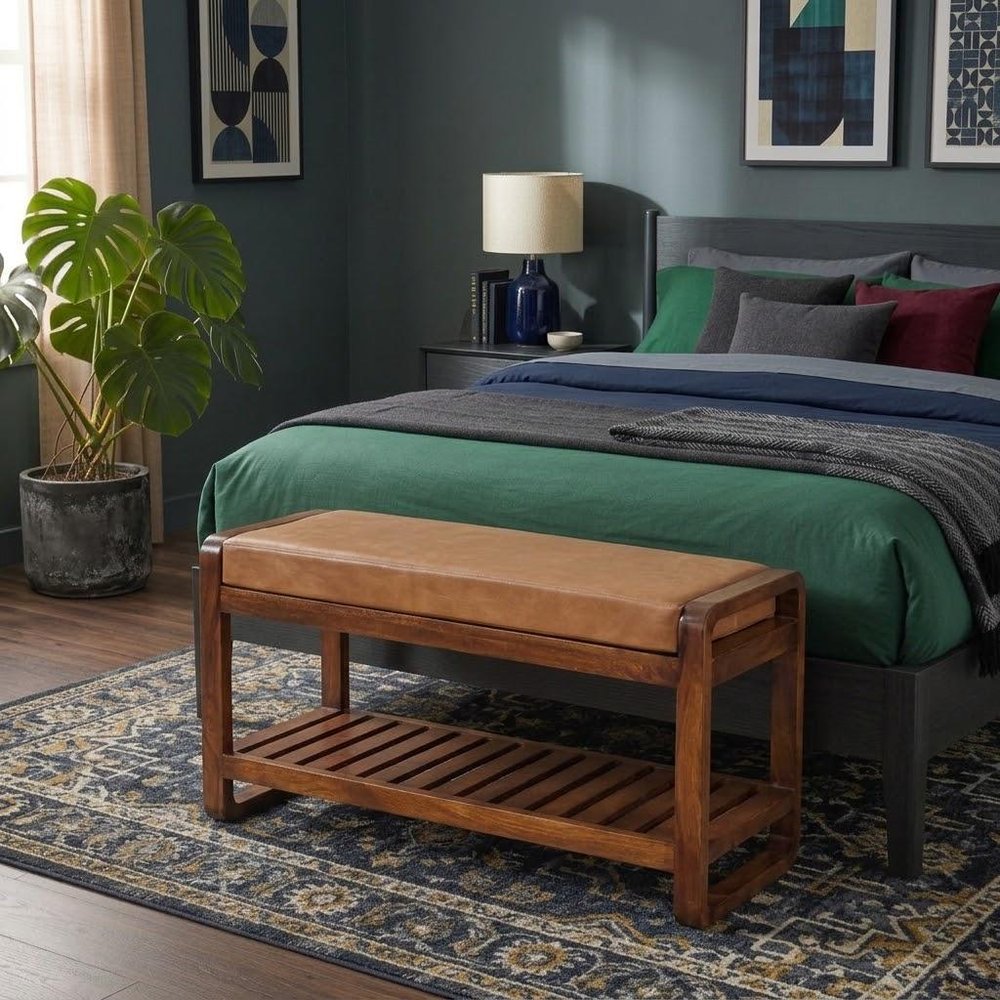 32" Tan And Brown Genuine Leather And Solid Wood Upholstered Storage Bench With Shelves