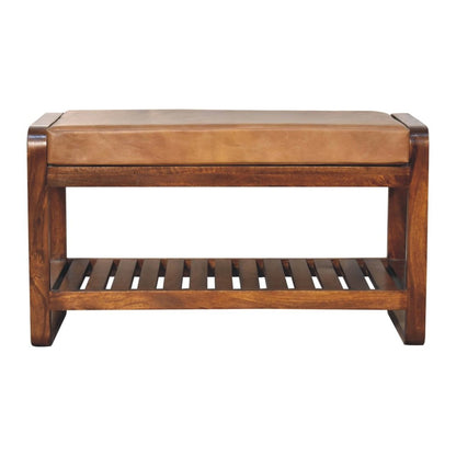 32" Tan And Brown Genuine Leather And Solid Wood Storage Bench With Shelf HomeRoots