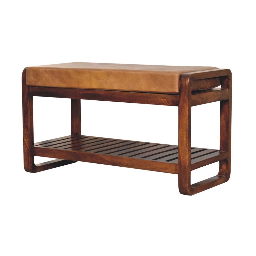 32" Tan And Brown Genuine Leather And Solid Wood Upholstered Storage Bench With Shelves — view 3