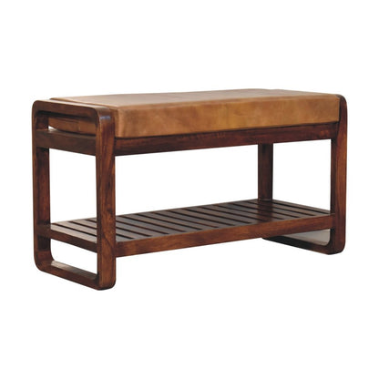 32" Tan And Brown Genuine Leather And Solid Wood Storage Bench With Shelf HomeRoots