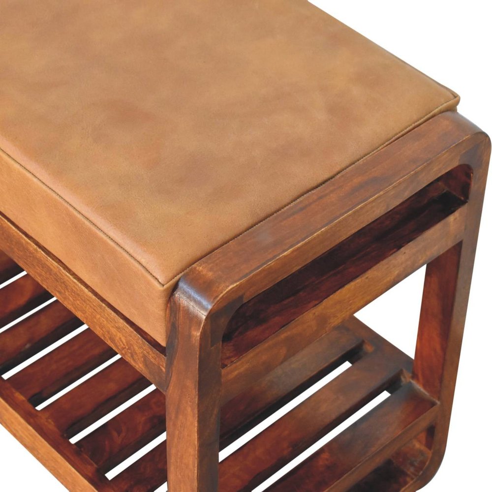32" Tan And Brown Genuine Leather And Solid Wood Storage Bench With Shelf HomeRoots