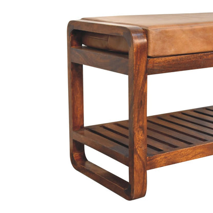 32" Tan And Brown Genuine Leather And Solid Wood Storage Bench With Shelf HomeRoots