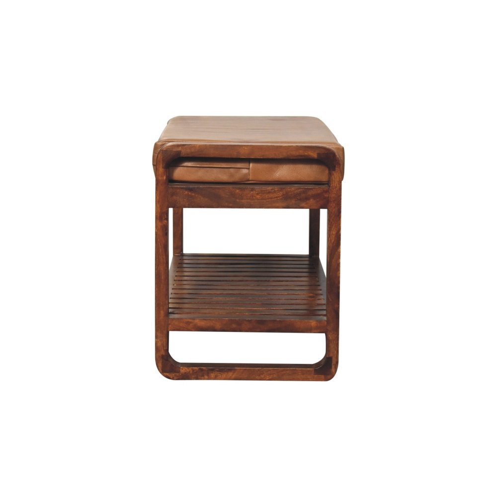 32" Tan And Brown Genuine Leather And Solid Wood Storage Bench With Shelf HomeRoots