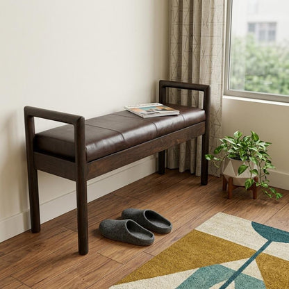 43" Black And Brown Genuine Leather And Solid Wood Upholstered Bench HomeRoots