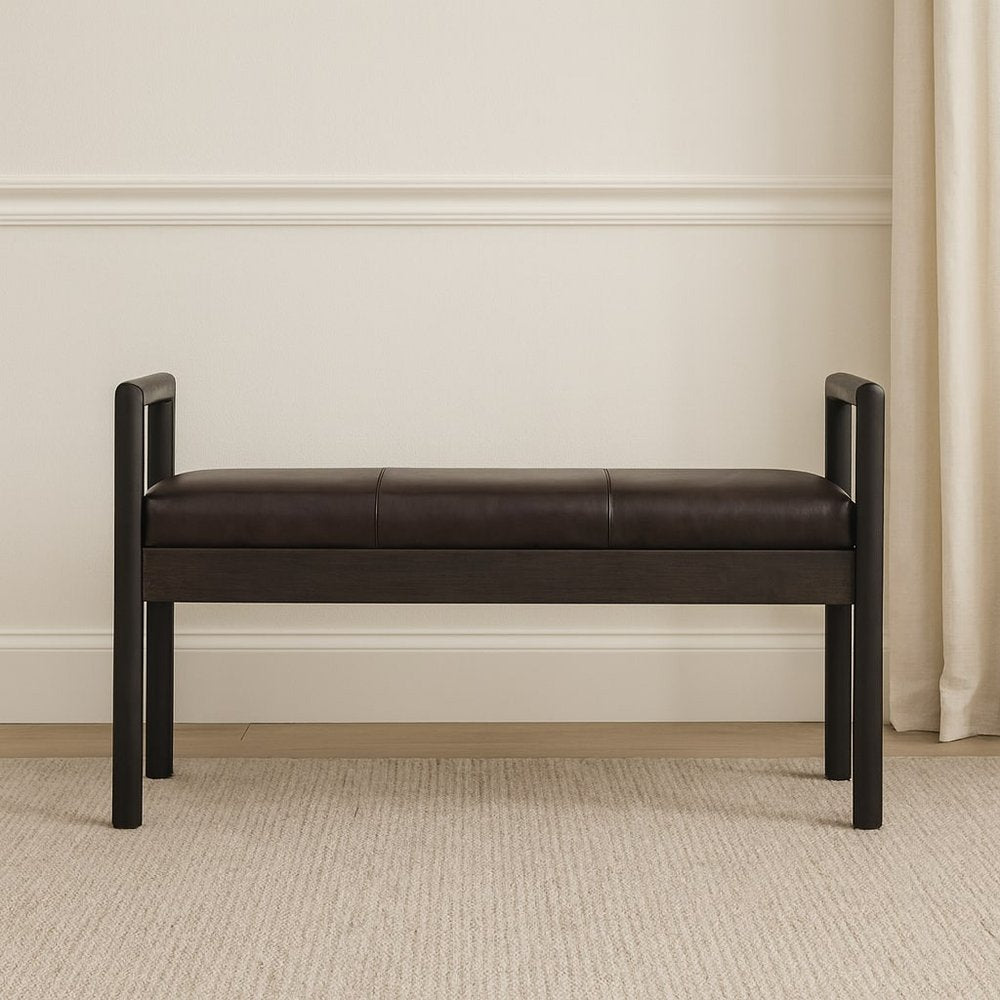 43" Black And Brown Genuine Leather And Solid Wood Upholstered Bench HomeRoots