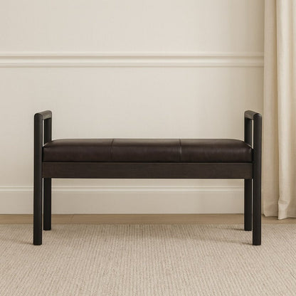 43" Black And Brown Genuine Leather And Solid Wood Upholstered Bench HomeRoots
