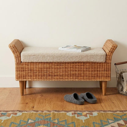 40" Cream And Brown Boucle Rattan And Solid Wood Upholstered Bench HomeRoots