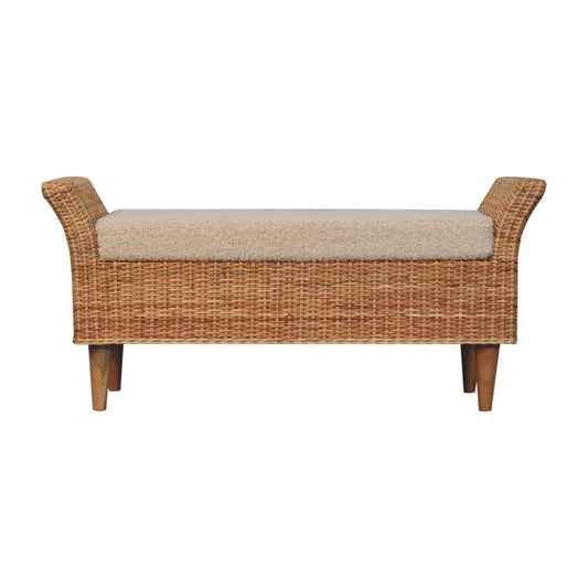 40" Cream And Brown Boucle Rattan And Solid Wood Upholstered Bench HomeRoots