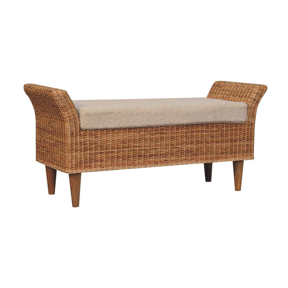 40" Cream And Brown Boucle Rattan And Solid Wood Upholstered Bench — view 3
