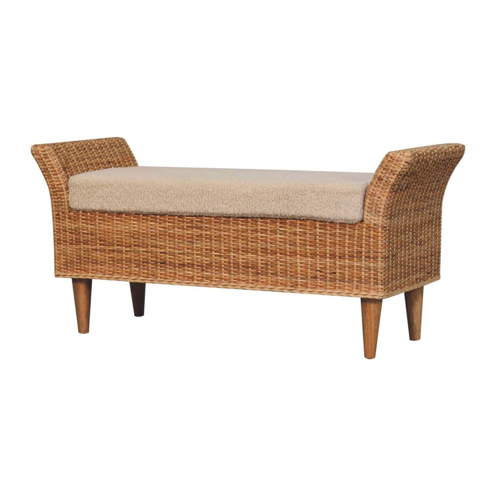 40" Cream And Brown Boucle Rattan And Solid Wood Upholstered Bench HomeRoots