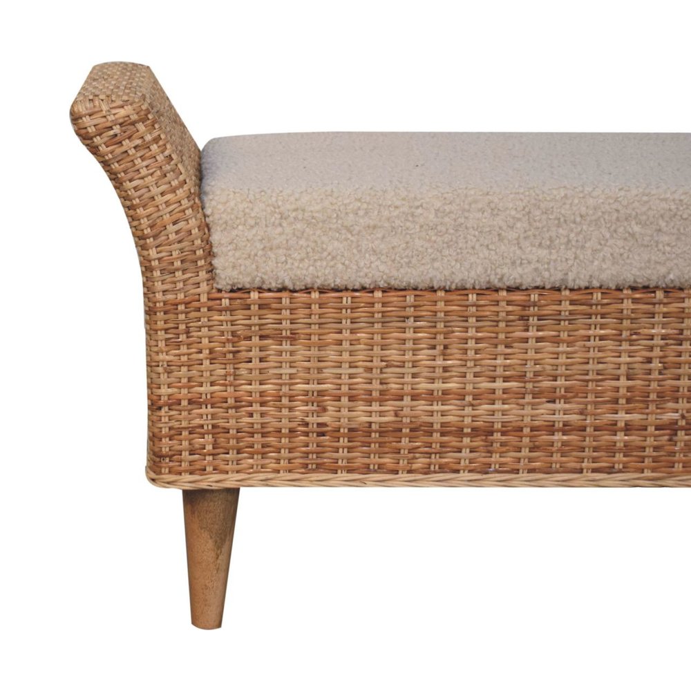 40" Cream And Brown Boucle Rattan And Solid Wood Upholstered Bench HomeRoots