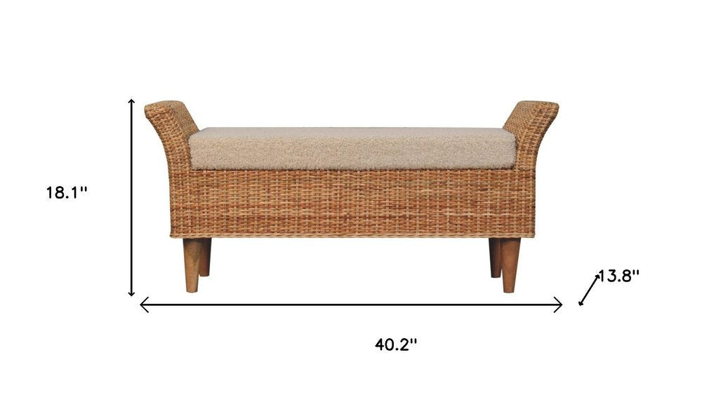 40" Cream And Brown Boucle Rattan And Solid Wood Upholstered Bench — view 9