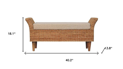 40" Cream And Brown Boucle Rattan And Solid Wood Upholstered Bench