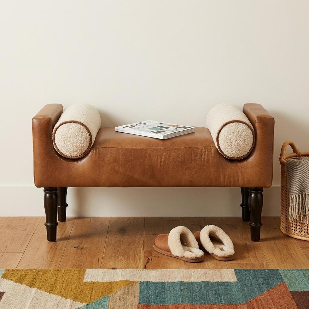 36" Brown And Walnut Genuine Leather And Solid Wood Upholstered Bench — view 10