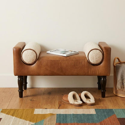 36" Brown And Walnut Genuine Leather And Solid Wood Upholstered Bench HomeRoots