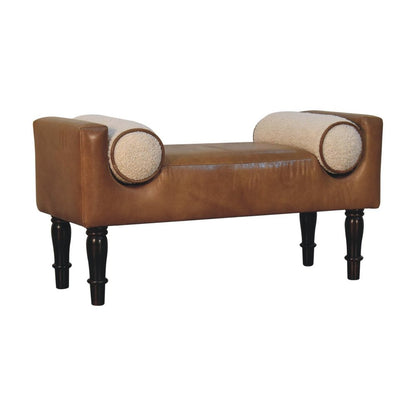 36" Brown And Walnut Genuine Leather And Solid Wood Upholstered Bench HomeRoots