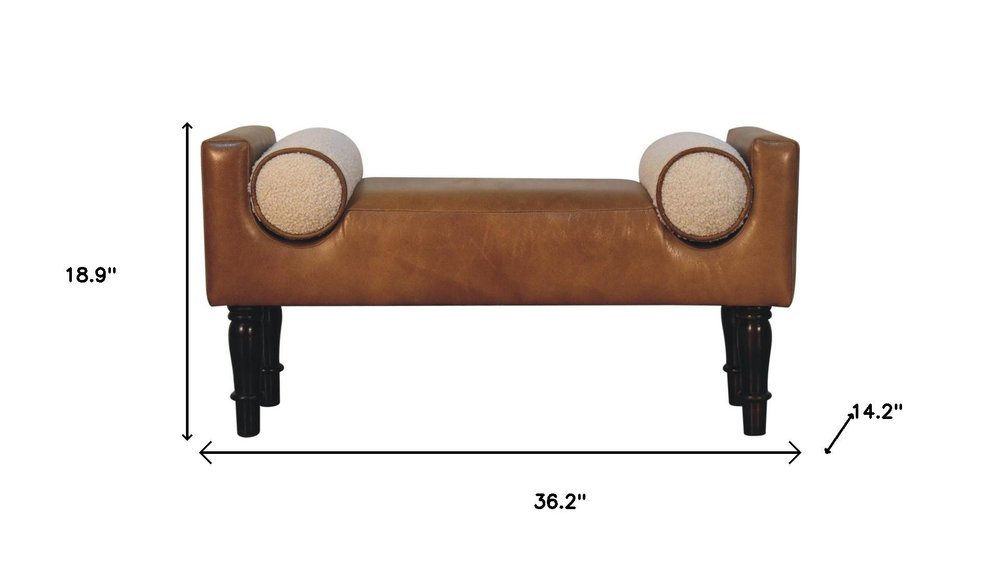 36" Brown And Walnut Genuine Leather And Solid Wood Upholstered Bench HomeRoots