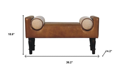 36" Brown And Walnut Genuine Leather And Solid Wood Upholstered Bench HomeRoots