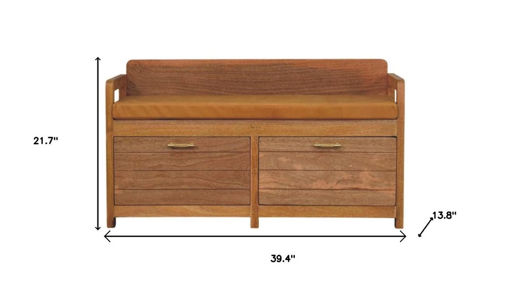 39" Tan And Oak Genuine Leather And Solid Wood Upholstered Storage Bench With Drawers HomeRoots