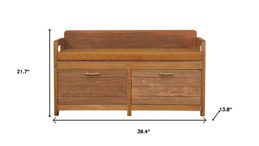 39" Tan And Oak Genuine Leather And Solid Wood Upholstered Storage Bench With Drawers HomeRoots