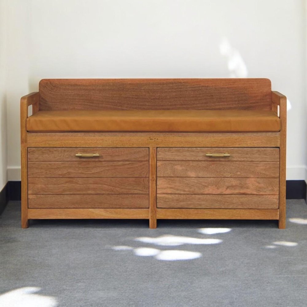 39" Tan And Oak Genuine Leather And Solid Wood Upholstered Storage Bench With Drawers — view 2