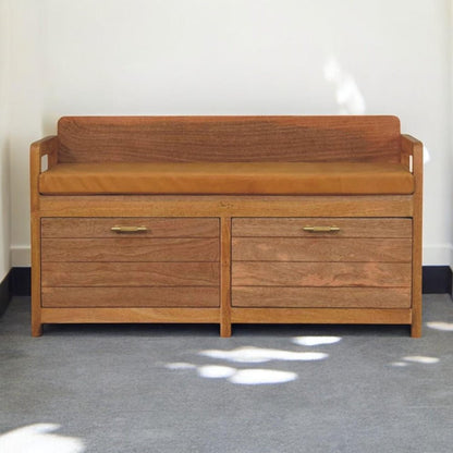 39" Tan And Oak Genuine Leather And Solid Wood Upholstered Storage Bench With Drawers HomeRoots