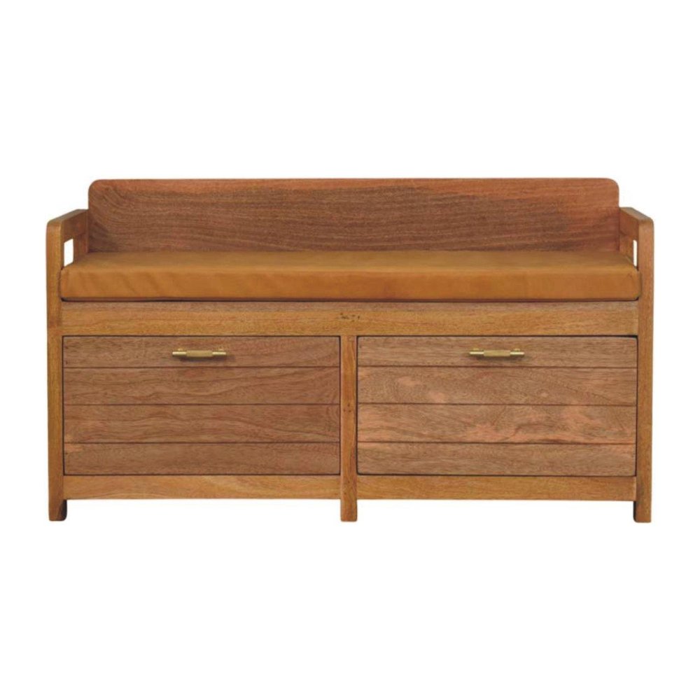 39" Tan And Oak Genuine Leather And Solid Wood Upholstered Storage Bench With Drawers — view 3