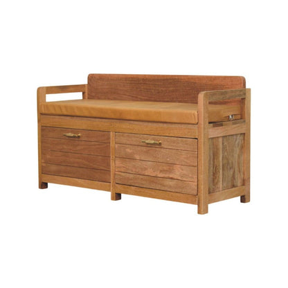 39" Tan And Oak Genuine Leather And Solid Wood Upholstered Storage Bench With Drawers HomeRoots