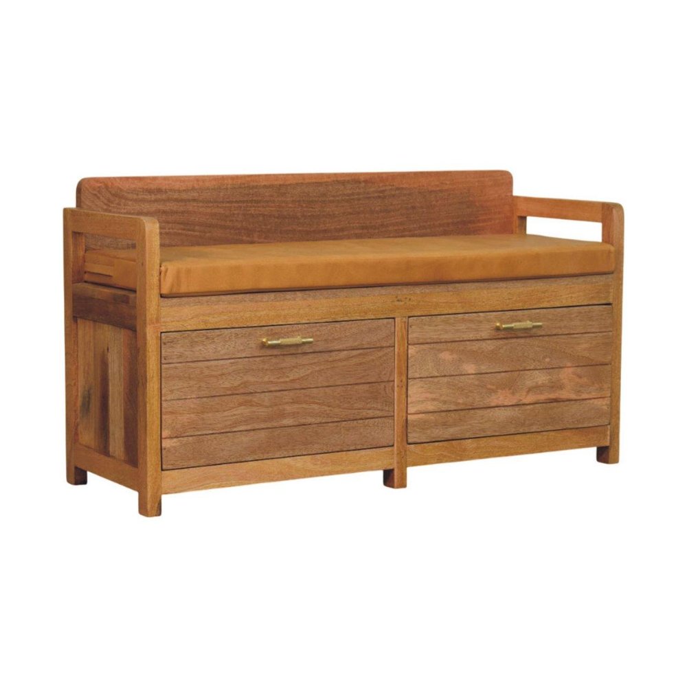 39" Tan And Oak Genuine Leather And Solid Wood Upholstered Storage Bench With Drawers — view 5