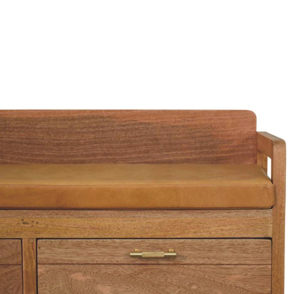 39" Tan And Oak Genuine Leather And Solid Wood Upholstered Storage Bench With Drawers — view 6