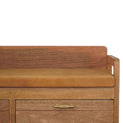 39" Tan And Oak Genuine Leather And Solid Wood Upholstered Storage Bench With Drawers HomeRoots