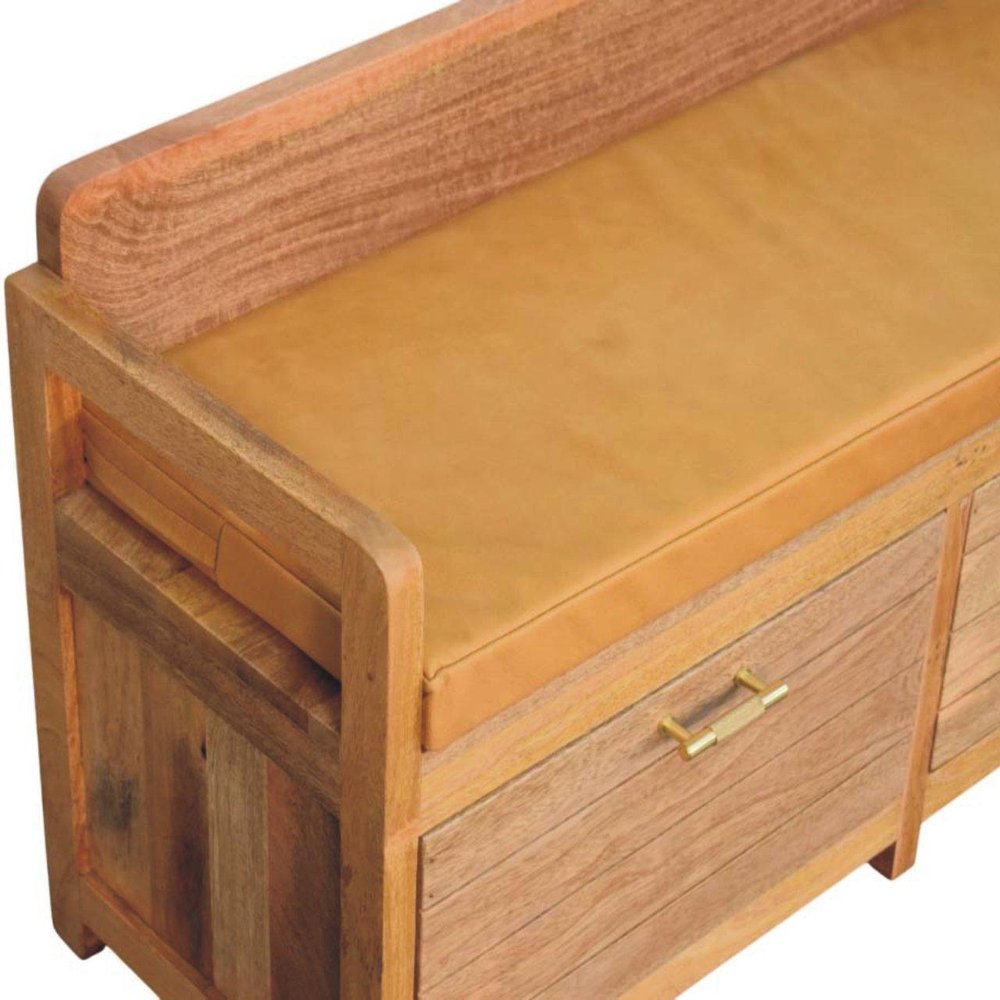 39" Tan And Oak Genuine Leather And Solid Wood Upholstered Storage Bench With Drawers HomeRoots