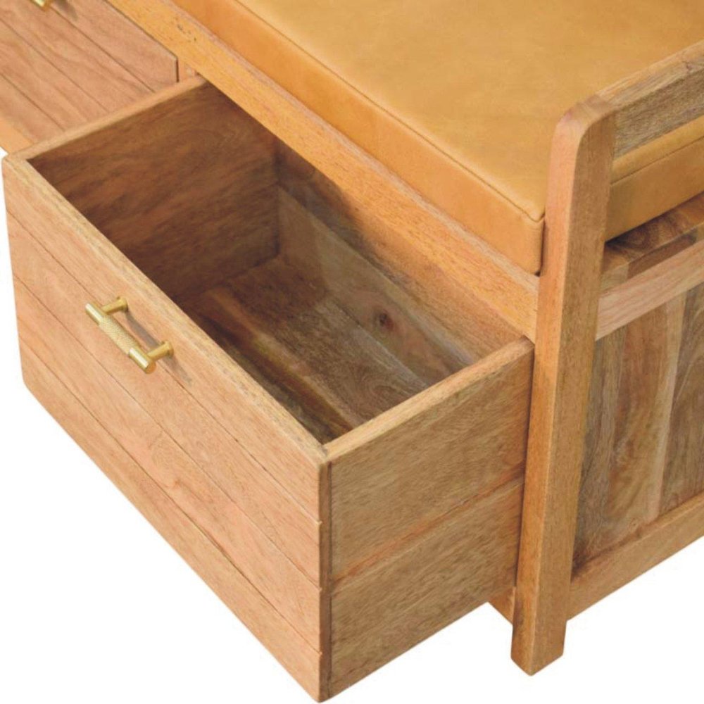 39" Tan And Oak Genuine Leather And Solid Wood Upholstered Storage Bench With Drawers — view 8